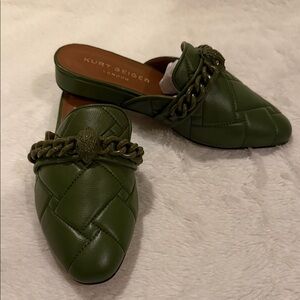 Kurt Geiger Olive Green Quilted Leather Chain-Trim Mules